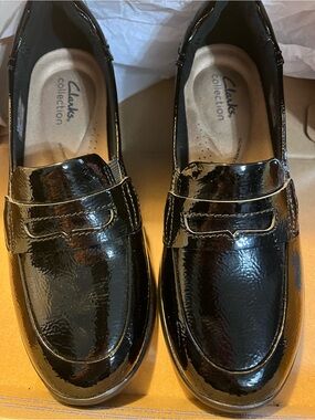 Clarks Black Patent Penny Loafers